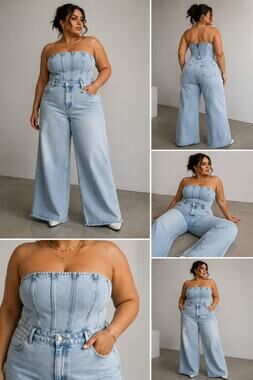 Zara NWT Strapless Denim Jumpsuit XL Light Wash Wide Leg Corset Tube Jean Romper
